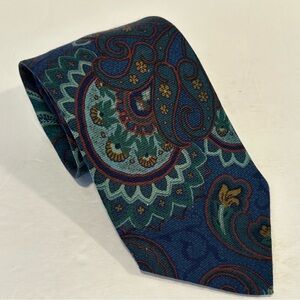 Men's ETRO Paisley Necktie, 70% Wool 30% Silk, Blue Green, Made in ITALY